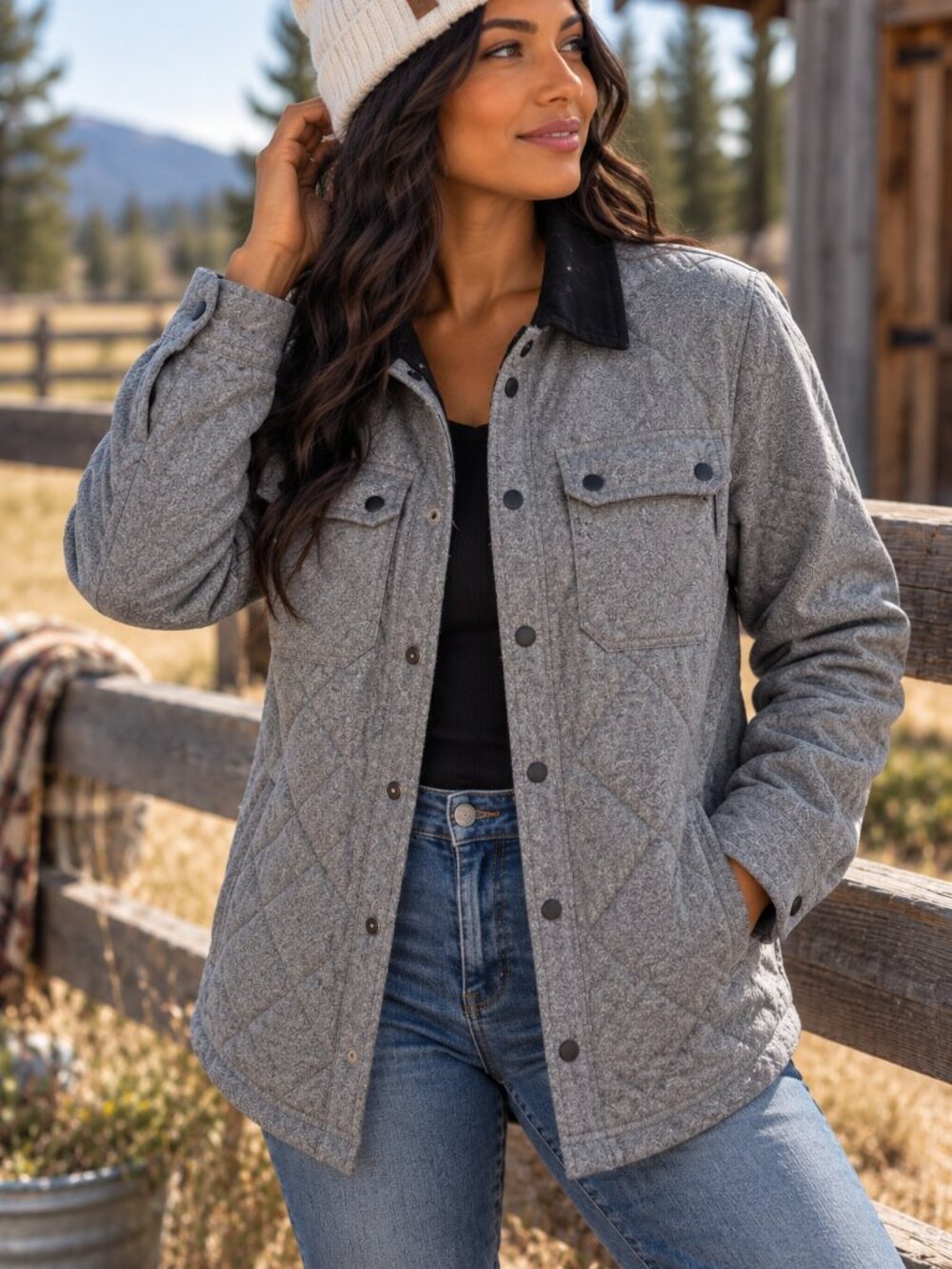 851 -Wind River Grey Quilted Jacket Women's Medium | Snap Front Utility Shacket